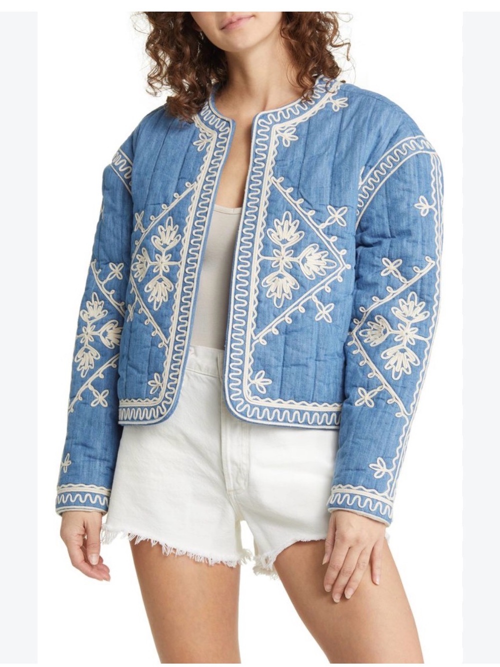 Treasure & Bond Light Blue Embroidered Quilted Bomber Jacket